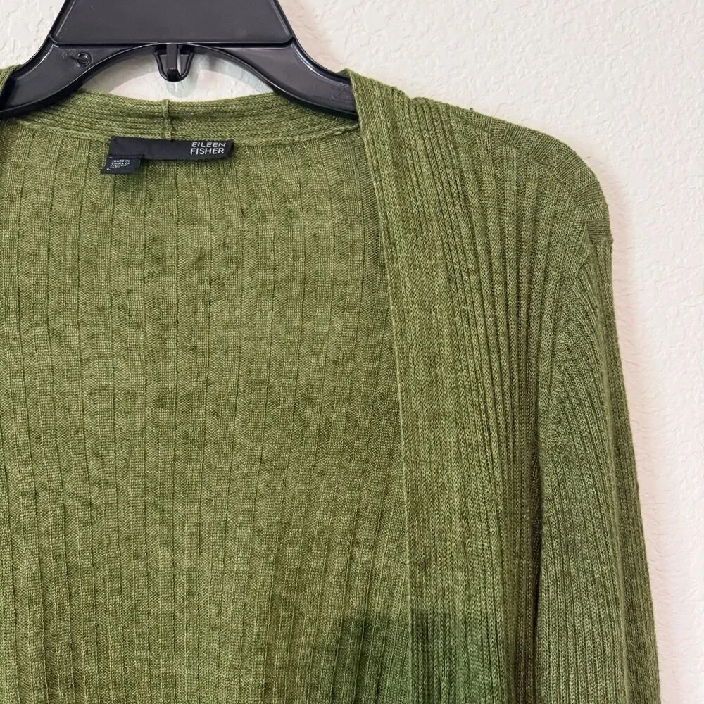 Eileen Fisher Cardigan Womens Size Large Green Linen Open Front - Picture 4 of 7